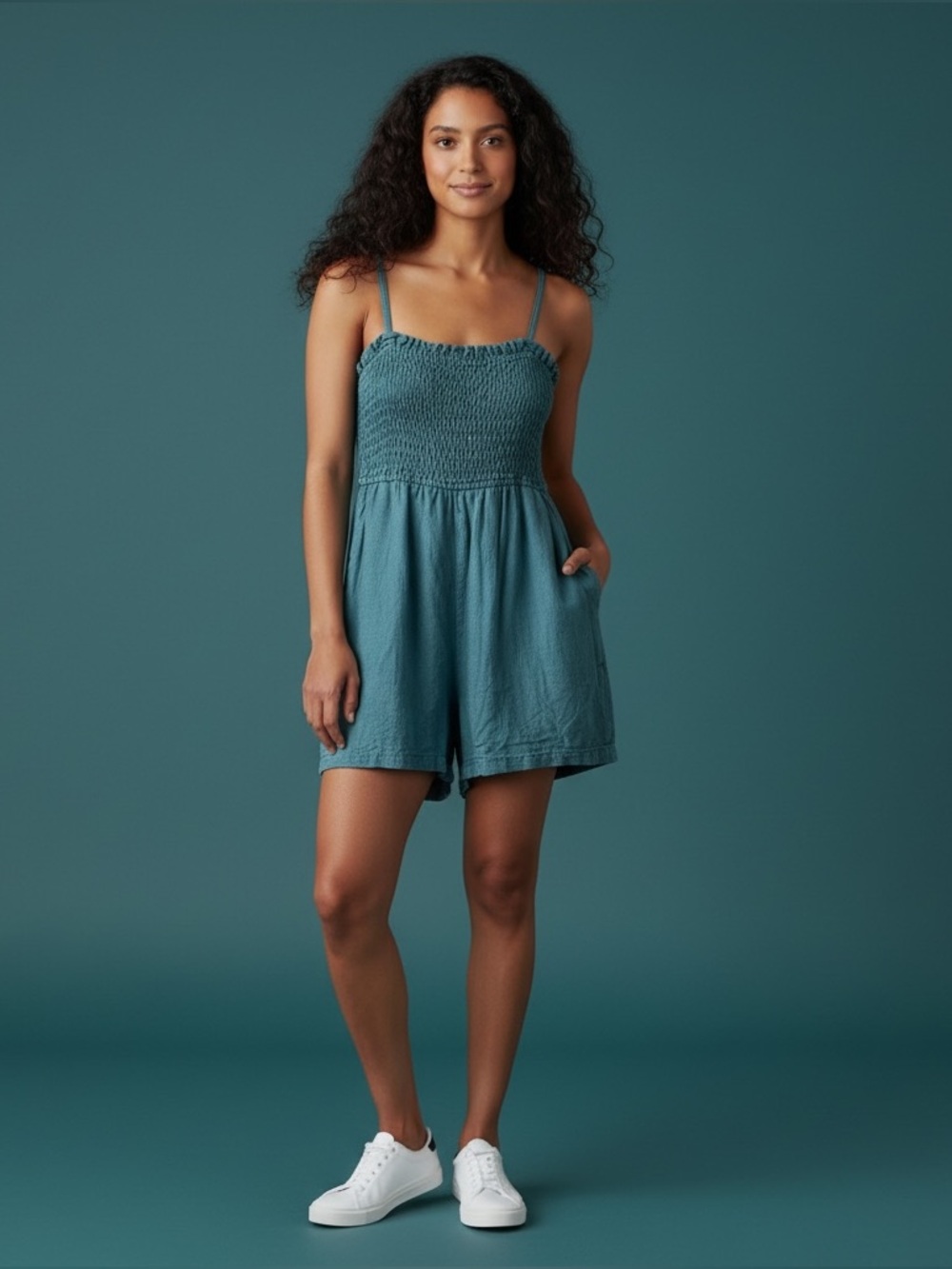 Pilcro Anthropologie Smocked Romper in Dark Turquoise